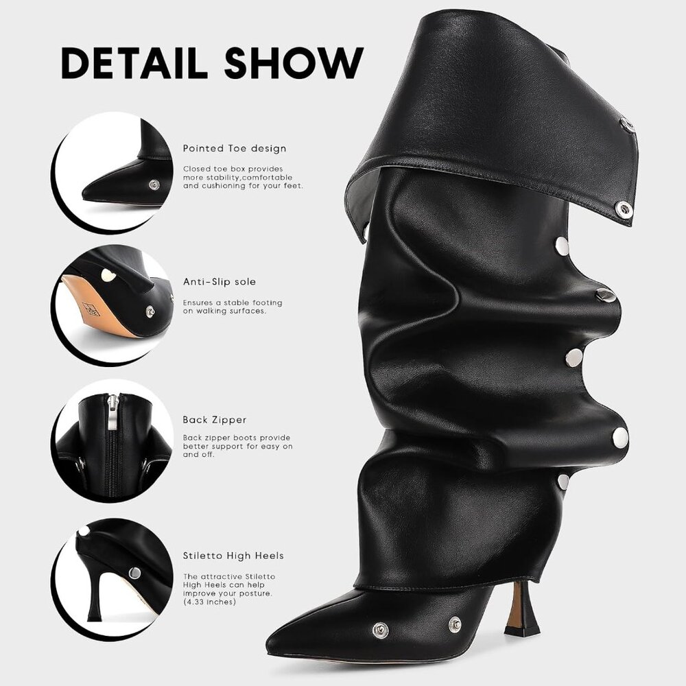 ⚡Women's Black Knee High Boots Stiletto Boots Pointed Toe High Heels Wide Calf - Picture 4 of 6